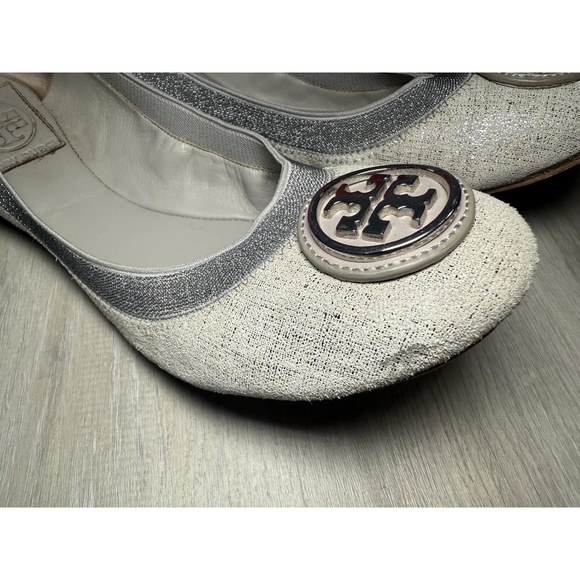 Tory‎ Burch Ballet Flats White Glitter Embellished Logo Women Size 8M - Picture 2 of 12